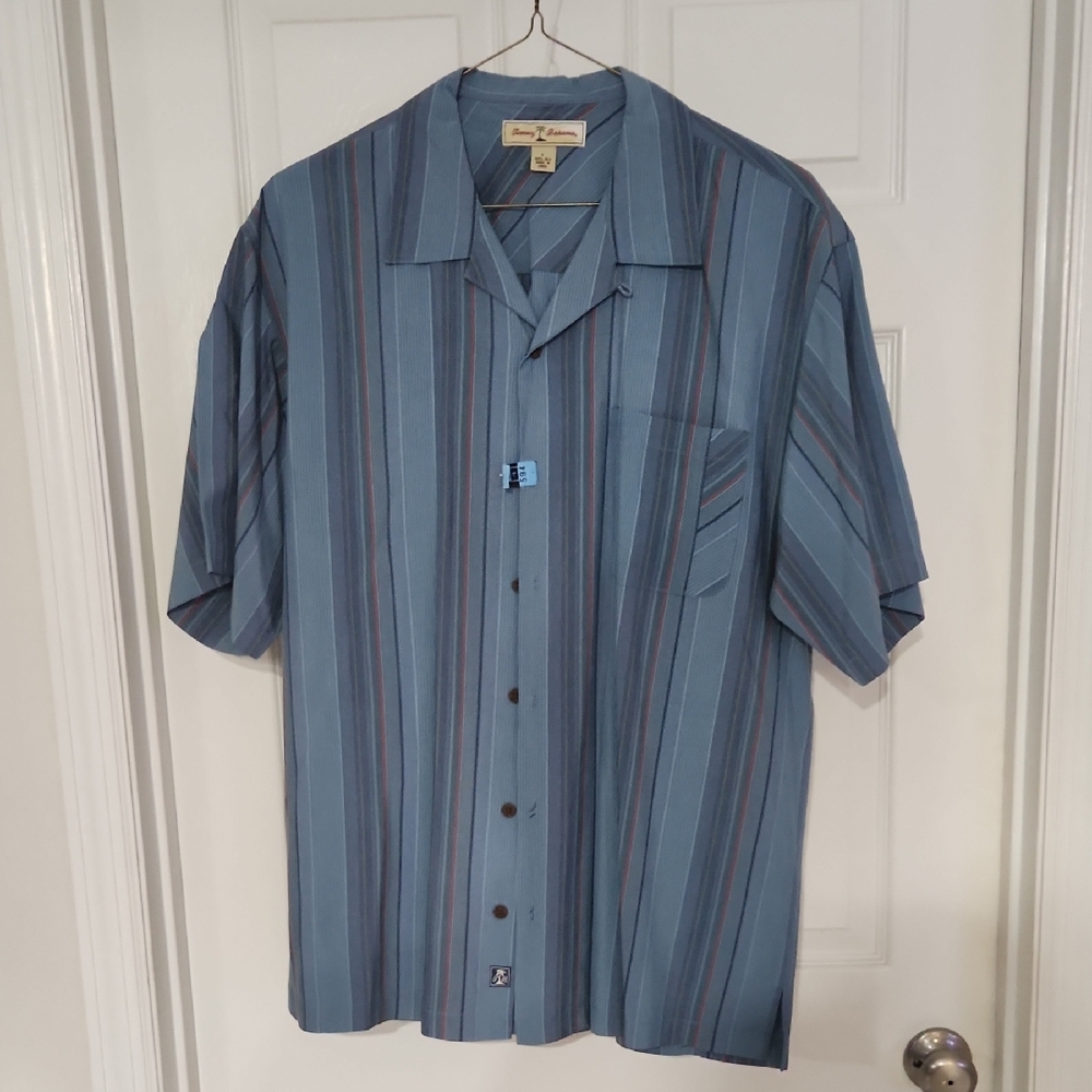 Tommy Bahama Men's Blue and Gray Striped Shirt